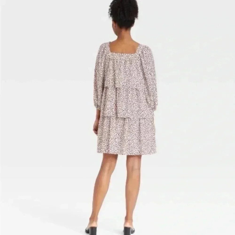 Who What Wear Mini Bishop Dress NWT Size Small Light Baby Pink Black Leaf Print - Picture 7 of 10